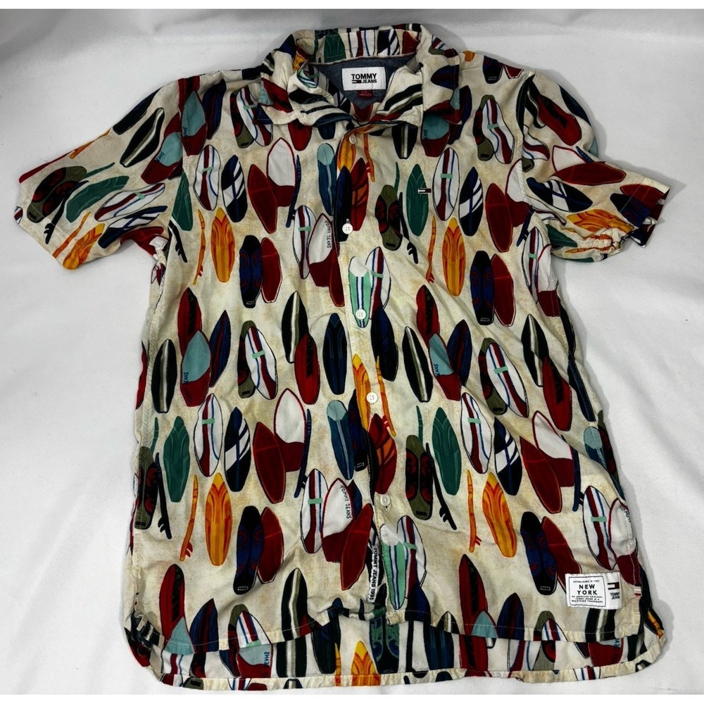Tommy Hilfiger Jeans Men's Surf board Print Short Sleeve Button Up Collar Shirt